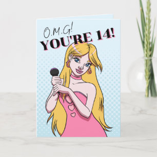 Carte Cute Girly Blue Cartoon Pop Music 14e anniversaire