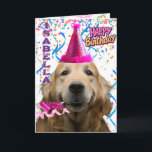 Carte Cute Golden Retriever Personnalisé Joyeux annivers<br><div class="desc">Célébrez dans un style pw-some avec cette adorable carte d'anniversaire golden retriever! Avec un doré souriant et un casquette et un souffleur festifs, entouré de confettis et de serpentins colorés, il est assuré d'apporter un grand sourire. Le devant peut être personnalisé avec le nom du destinataire, ce qui le rend...</div>