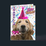 Carte Cute Golden Retriever Personnalisé Joyeux annivers<br><div class="desc">Célébrez dans un style pw-some avec cette adorable carte d'anniversaire golden retriever! Avec un doré souriant et un casquette et un souffleur festifs, entouré de confettis et de serpentins colorés, il est assuré d'apporter un grand sourire. Le devant peut être personnalisé avec le nom du destinataire, ce qui le rend...</div>