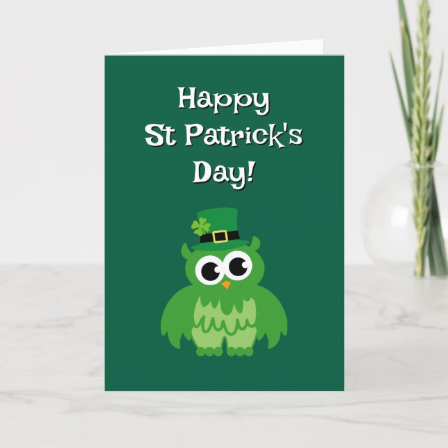 Carte Cute green leprechaun owl bird St Patricks Day (Devant)