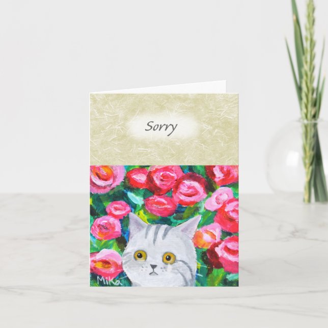 Carte Cute Grey Tabby Chat avec des larmes Plutôt Floral (Devant)