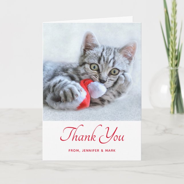 Carte Cute Grey Tabby Chat Noël Casquette Noël Noël Noël (Devant)