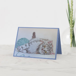 Carte Cute Gris Tabby Chat Kitten Art Blue Greming Card