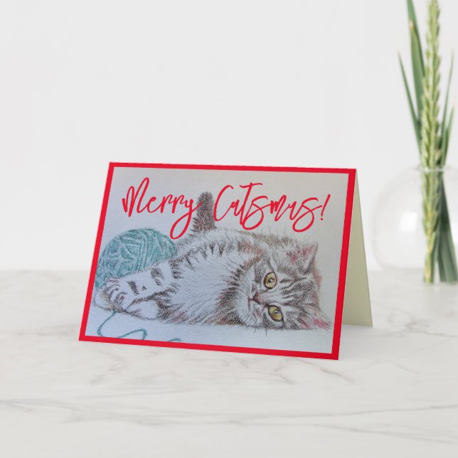 Carte Cute Gris Tabby Chat Kitten Art Christmas Card (Devant)