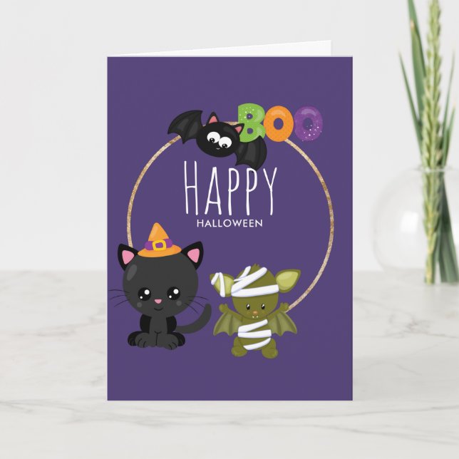 Carte Cute Halloween Chat, chauve-souris et maman Boo (Devant)