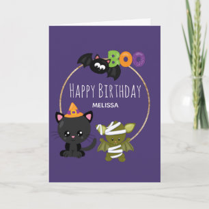 Carte Cute Halloween Chat, chauve-souris et maman Boo An