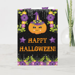 Carte Cute Halloween Citrouille Floral Salutation