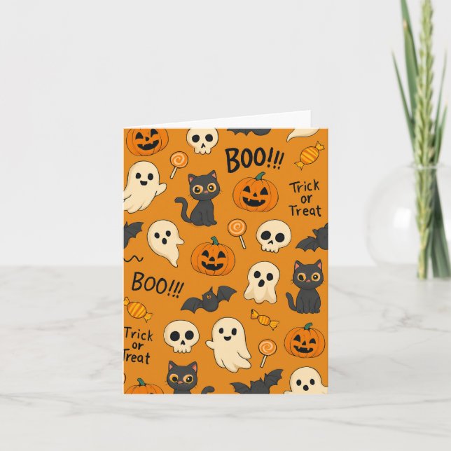 Carte Cute Halloween Pattern with Ghosts, Pumpkins, Cats (Devant)