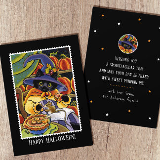 Carte Cute Halloween Pie Sorcière Chat Noir Souris Plat