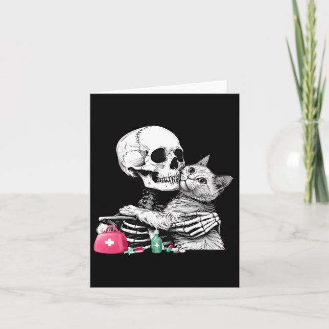 Carte Cute Halloween Squelette Hug Chat Vet Tech Vétérin (Devant)