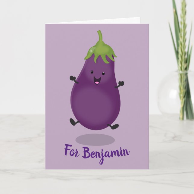 Carte Cute happy eggplant aubergine cartoon illustration (Devant)