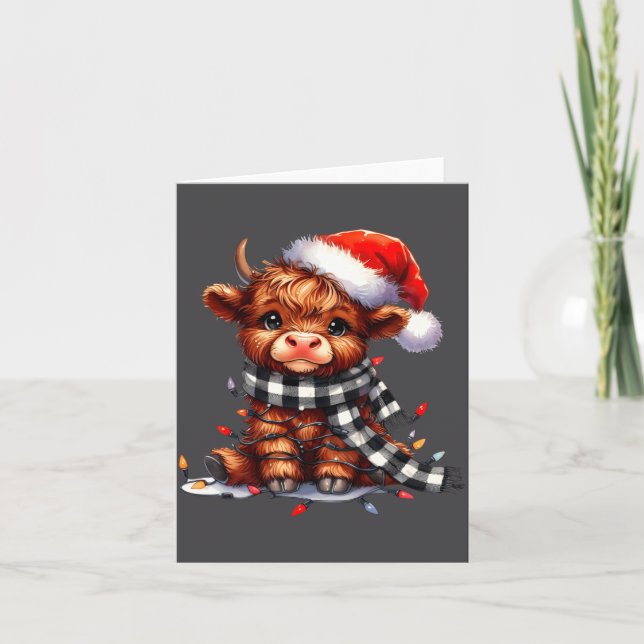 Carte Cute Highland Cow Christmas Lights Santa Hat Winte (Devant)