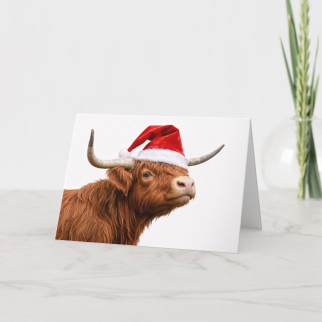 Carte Cute Highland Cow with Santa Hat Christmas (Devant)