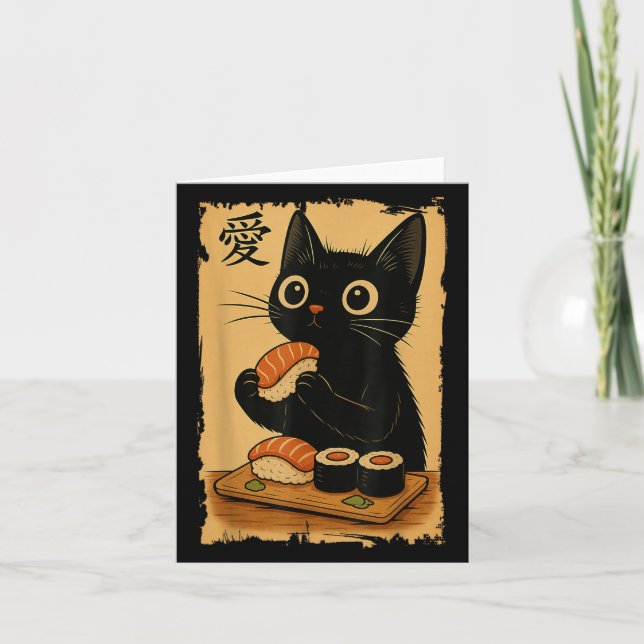 Carte Cute Kawaii Chat Noir Manger Sushi Drôle Japonais (Devant)