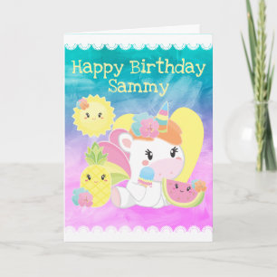 Carte Cute Kawaii Été Tropical Unicorn Anniversaire