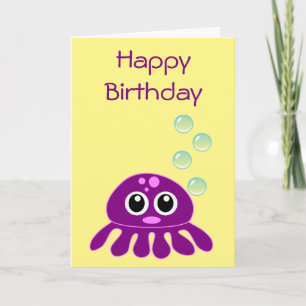 Carte Cute Kawaii Jellyfish Purple Joyeux Anniversaire