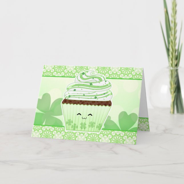 Carte Cute kawaii St Patricks day cupcake (Devant)