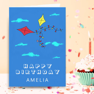 Carte Cute Kites Rouge Jaune avec nom Anniversaire de en