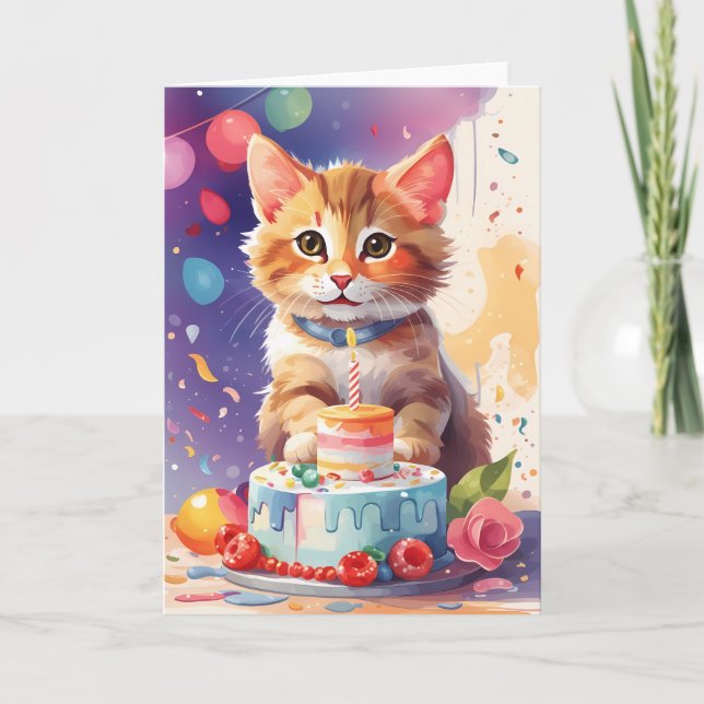 Carte Cute Kitten à la fête avec gâteau (Devant)