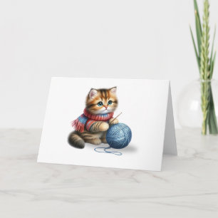 Carte Cute Kitten avec Écharpe et Fil Bleu Blanc Salutat