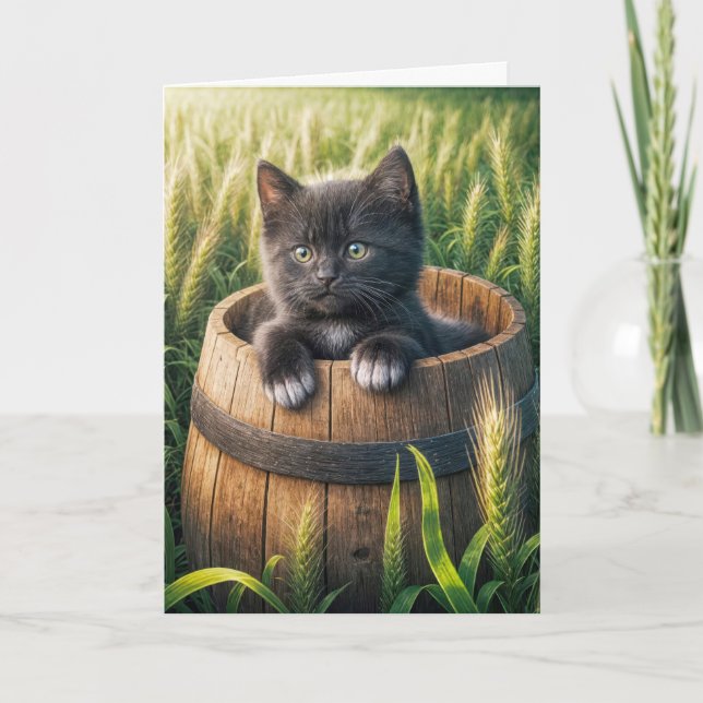 Carte Cute Kitten d'anniversaire dans un tonneau (Devant)