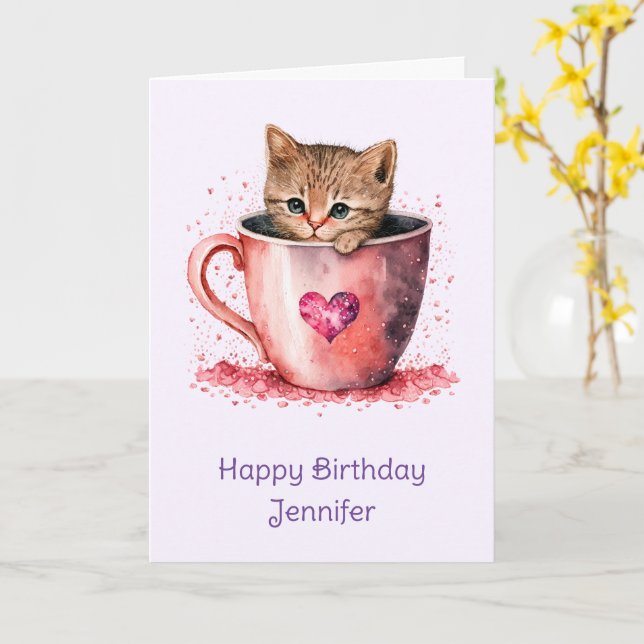 Carte Cute Kitten dans un Teacup avec coeur Anniversaire (Fleur jaune)