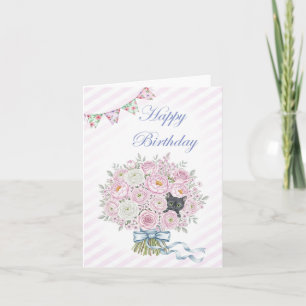 Carte Cute Kitten noir en Bouquet rose Joli anniversaire