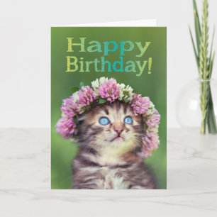 Carte Cute Kitten portant des fleurs sur sa tête Anniver