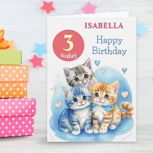 Carte Cute Kittens Nom Personnalisé Age Enfants Joyeux A (A personalized card for a 3rd birthday, with '3 today' and cute kittens in a watercolor style)