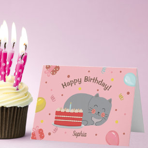 Carte Cute Kitty Chat rose fête d'anniversaire