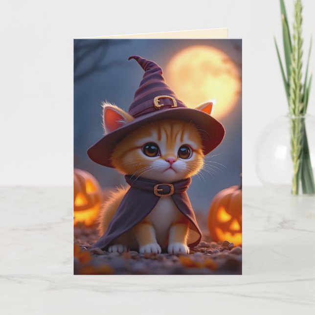 Carte Cute kitty en costume de sorcière, Halloween (Devant)