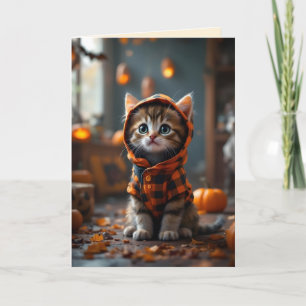 Carte Cute kitty en manteau noir et orange à Halloween