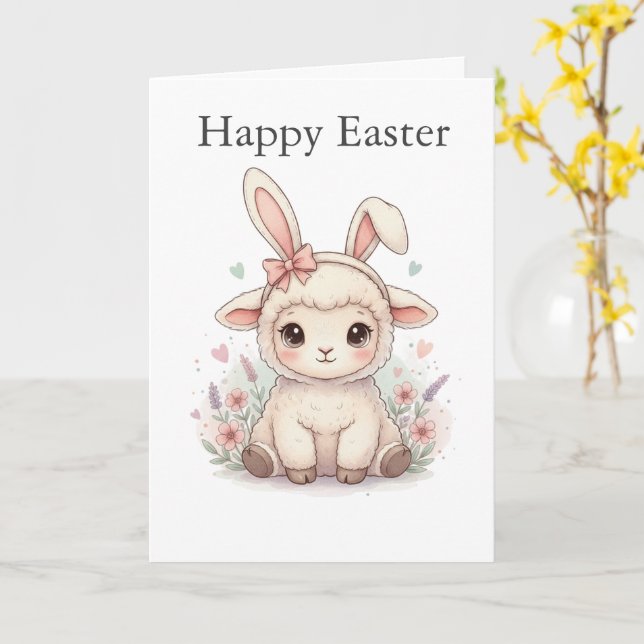 Carte Cute Lamb with Bunny Ears Pastel colors Easter (Fleur jaune)
