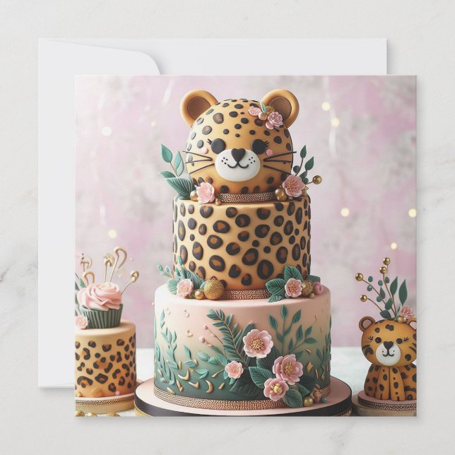 CARTE CUTE LEOPARD ANNIVERSAIRE DE ENFANT CAKE (Devant)