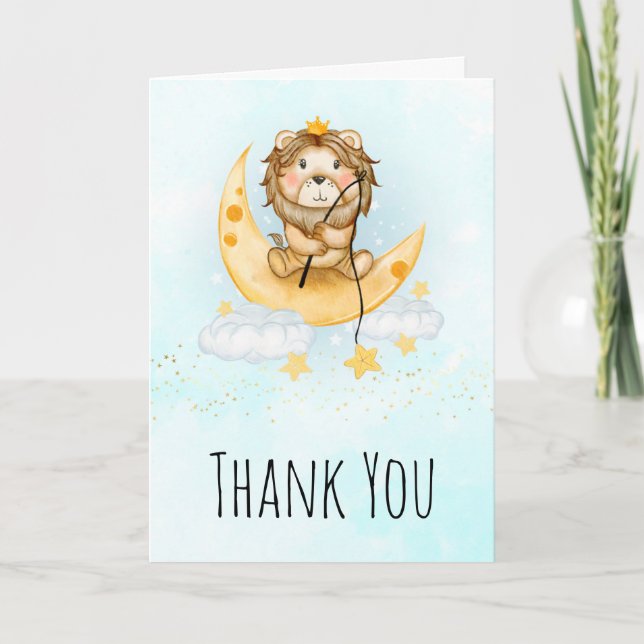 Carte Cute Lion Pêche sur la Lune Aquarelle Merci (Devant)