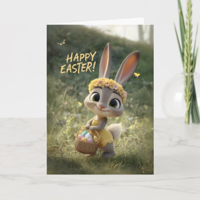 Carte Cute Little Baby Bunny in a Yellow Dress Easter (Devant)