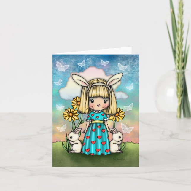 Carte Cute Little Bunny Girl with Bunnies Fantasy Art (Devant)