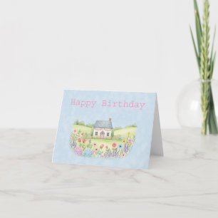 Carte Cute Little Cottage Maison en Fleurs Anniversaire