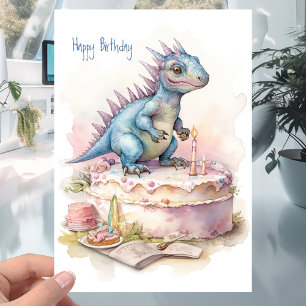 Carte Cute Little Dinosaur avec gâteau - Anniversaire de