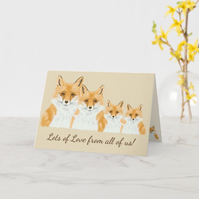 Carte Cute Little Red Fox - transparent sur beige. (Fleur jaune)