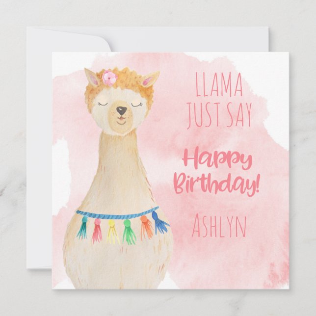 Carte Cute Llama Girly Rose Personnalisé Anniversaire (Devant)