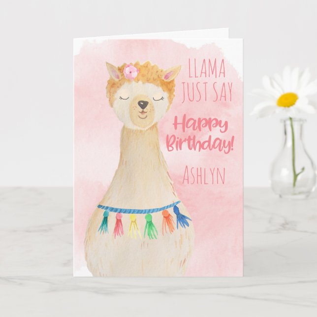 Carte Cute Llama Girly Rose Personnalisé Anniversaire (Petite plante)