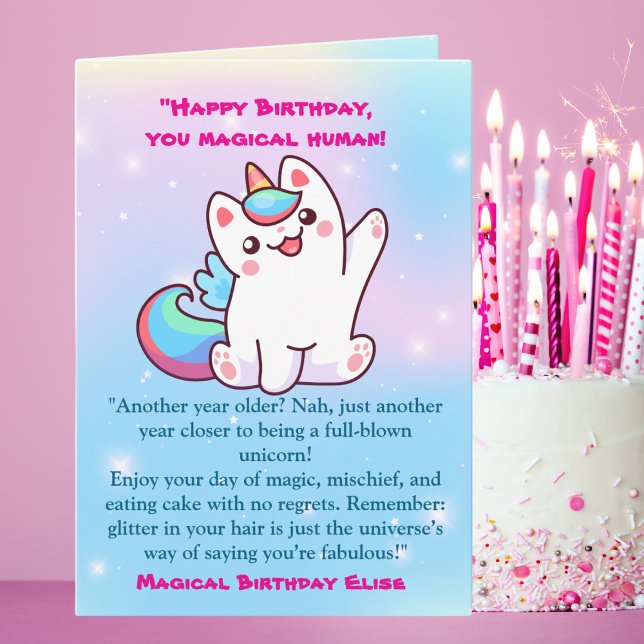 Carte Cute Magique Funny Chat Unicorn Anniversaire Salut (Créateur téléchargé)