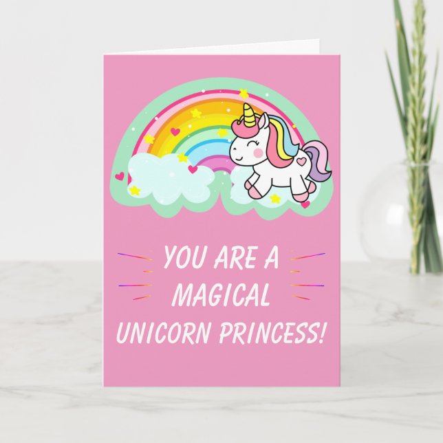 Carte Cute Magique Unicorn Princesse rose Anniversaire (Devant)