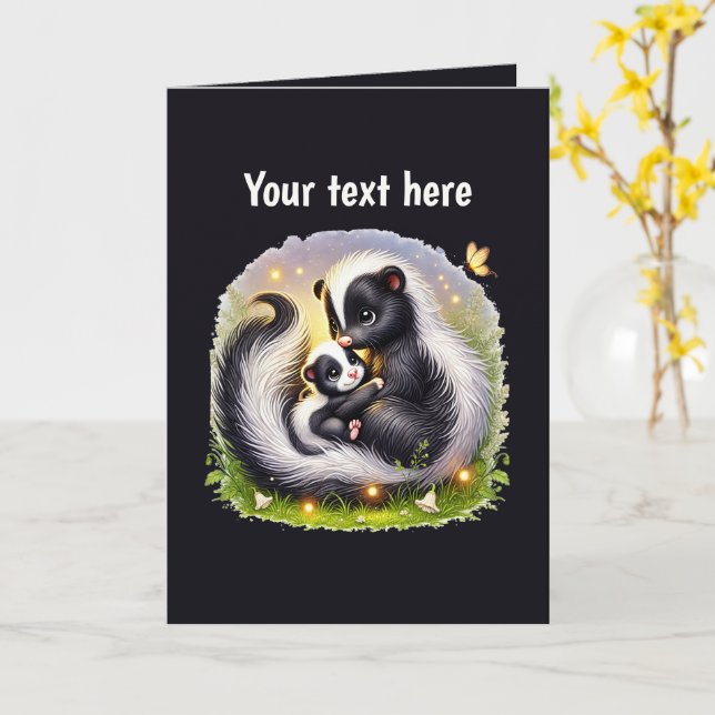 Carte Cute Maman bébé skunk personnalisable (Fleur jaune)