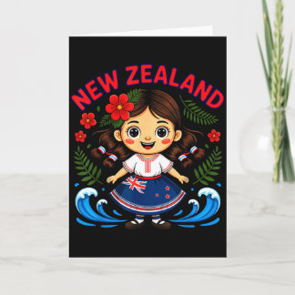 Carte Cute New Zealand Girl With Fern And Waves Dor Kids