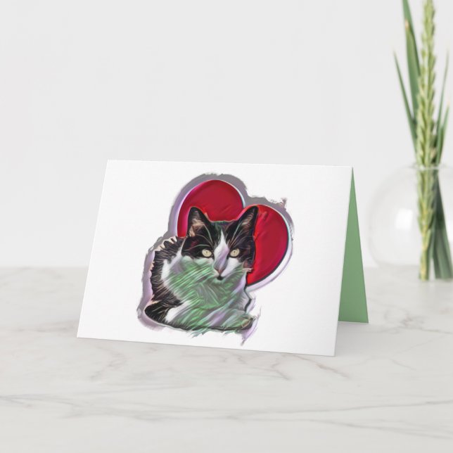 Carte Cute Noir et Blanc PopArt Tuxedo Coeur de chat (Devant)