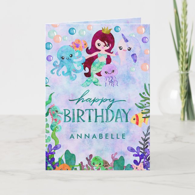 Carte Cute Ocean Animals Mermaid Thème Joyeux Anniversai (Devant)