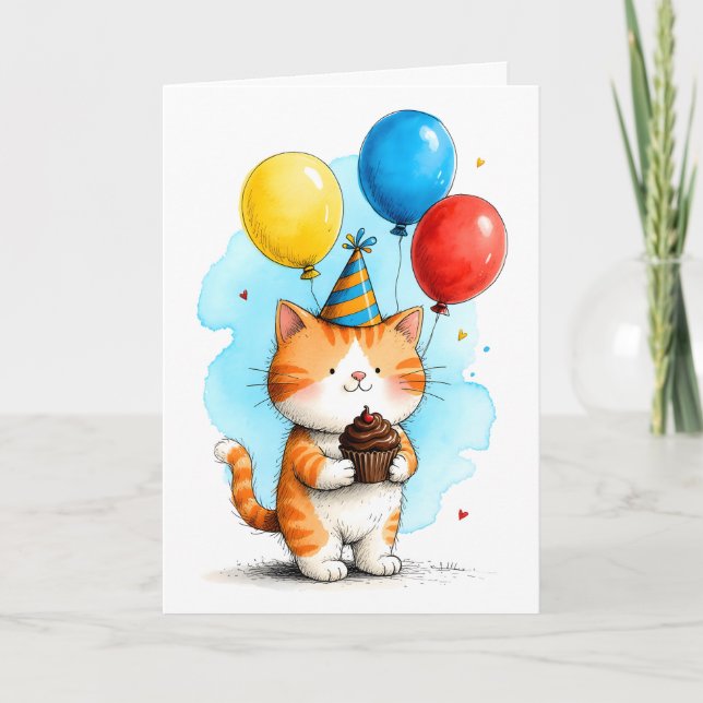Carte Cute Orange Cat with Cupcake Kid's Happy Birthday (Devant)