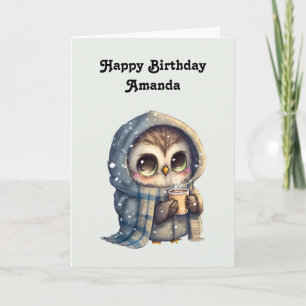 Carte Cute Owl tenant un café anniversaire